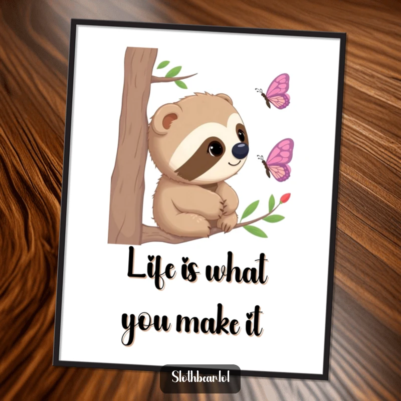 Funny Free Printable Wall Art capturing a sloth bear engrossed in watching a butterfly flutter, a scene of gentle curiosity and natural beauty.