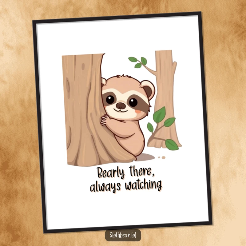 Funny free printable wall art of a fuzzy-eared sloth bear peeking curiously around a tree trunk, a charming woodland scene.