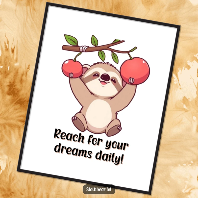 Funny Free Printable Wall Art capturing a baby sloth bear bear comically reaching upwards for a desirable hanging piece of fruit.