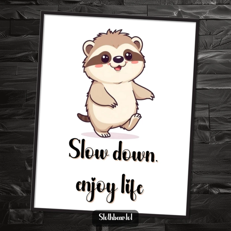 Funny Free Printable Wall Art: A sloth bear character is captured doing a happy, slow shuffle, exuding contentment and easygoing fun.