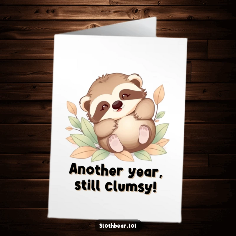 Funny Free Printable Baby Sloth Bear Birthday Card, a cub tumbling playfully in soft leaves, adorable downloadable greeting.