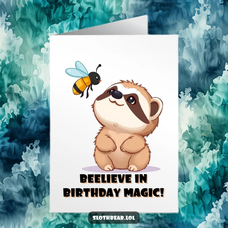 Funny Free Printable Birthday Card: Sloth Bear mesmerized by a buzzing bee, showcasing wonder and delight.