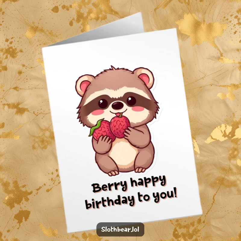 Funny Free Printable Birthday Card: Kawaii sloth bear holding a single berry with pure delight, perfect for birthday wishes.