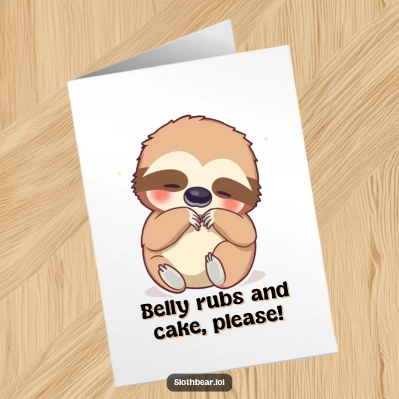 Funny Free Printable Happy Birthday card: Content sloth bear scratching its belly with a huge smile, adorable and hilarious.