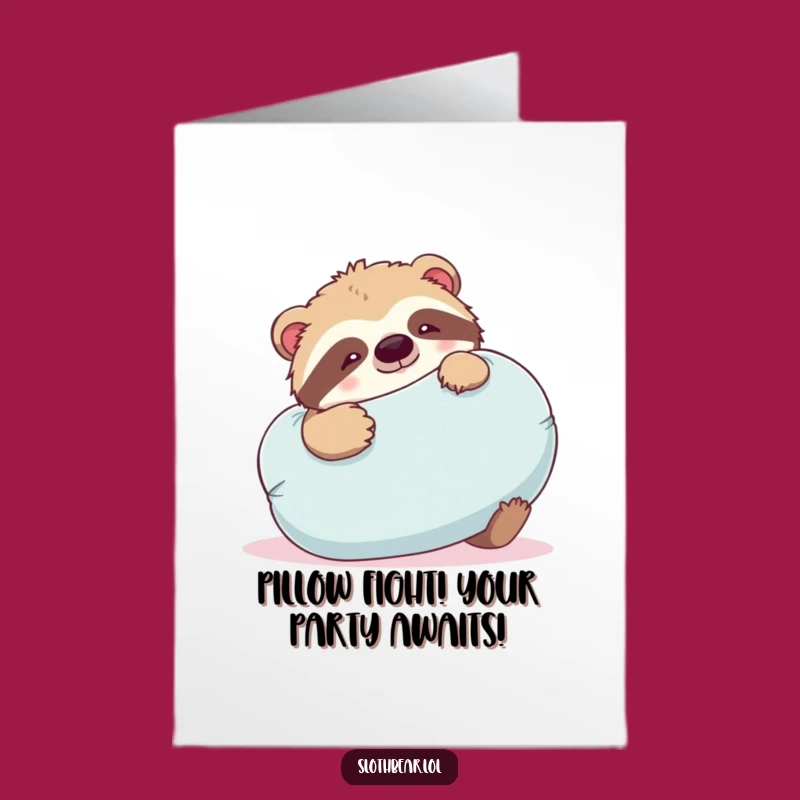 Free Printable Birthday Card: Funny Sloth Bear Pillow Wrestle Downloadable Gift