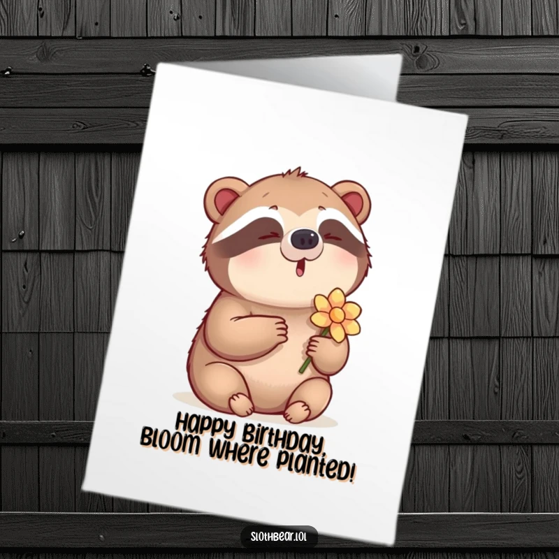 Funny Free Printable Birthday Card featuring a sloth bear humming contentedly while holding a delicate flower, a scene of sweet tranquility.