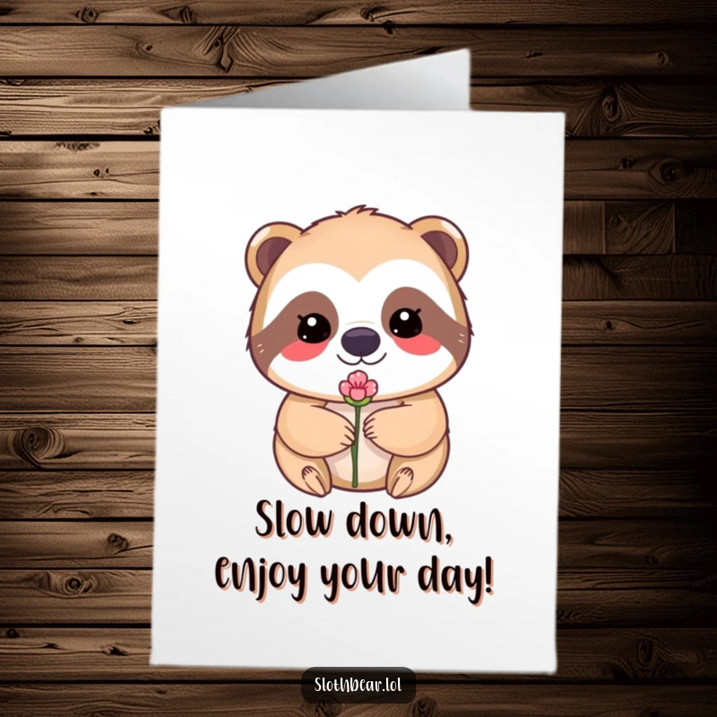 Funny Free Printable Birthday Card: Kawaii sloth bear charmer balancing a tiny pink flower bud perfectly on its nose with a sweet smile.