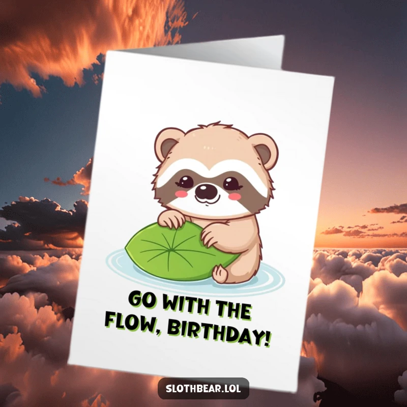 Funny Free Printable Birthday Card: Kawaii sloth bear gently nudging a floating autumn leaf with its nose, spreading birthday cheer.