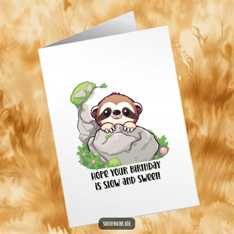 Funny Free Printable Birthday Card: Cheerful sloth bear peeks out from behind a mossy rock, ready to wish a happy birthday.