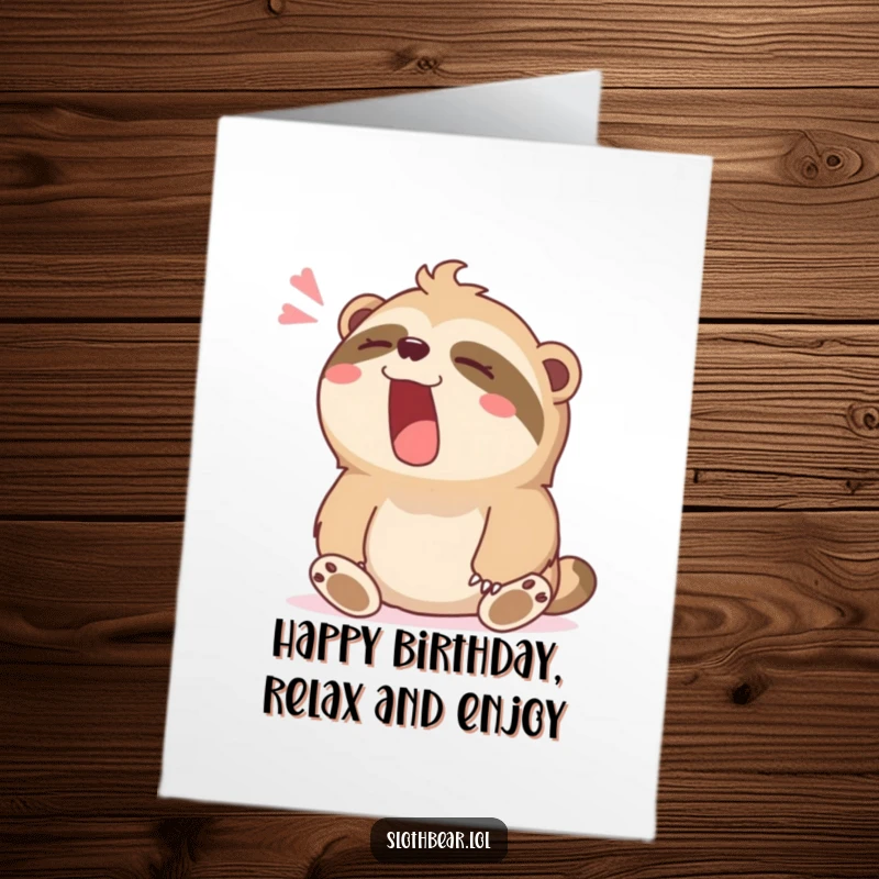 Funny Free Printable Birthday Card: A sloth bear character yawns widely with a contented sigh, wishing a peaceful birthday.