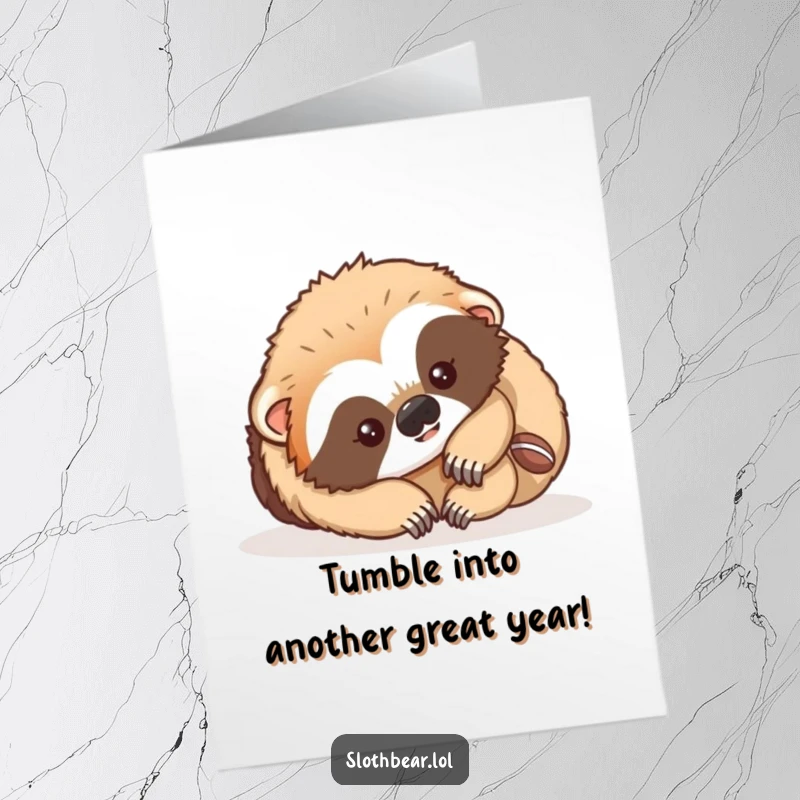 Funny Free Printable Birthday Card: A baby sloth bear hilariously tumbling end over end with joy, perfect for birthdays.