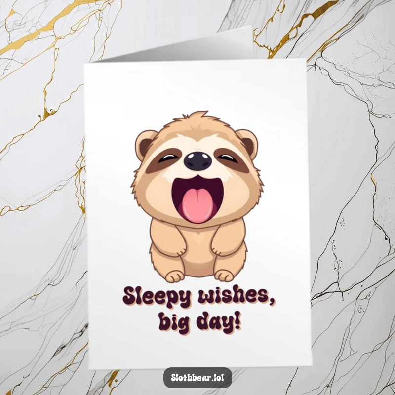 Funny Free Printable Birthday Card: Sloth bear adorably yawns wide showing a tiny pink tongue, conveying extreme relaxation.