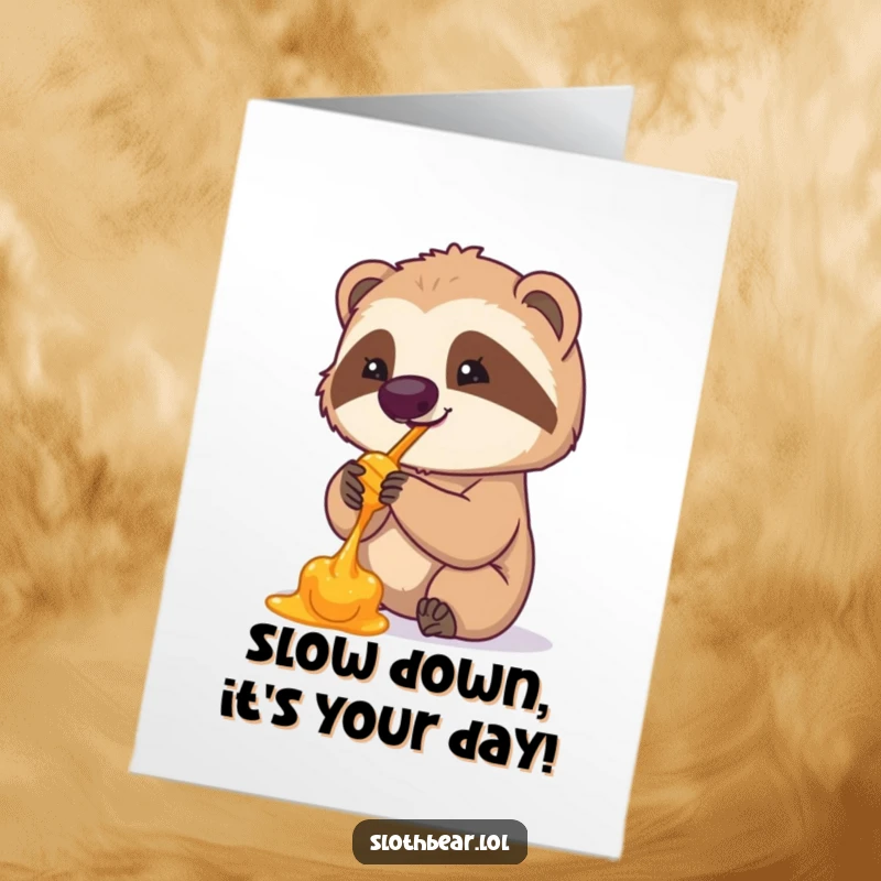 Funny Free Printable Sloth Bear Birthday Card, a bear daintily licking honey from its paw, perfect for sweet celebrations.