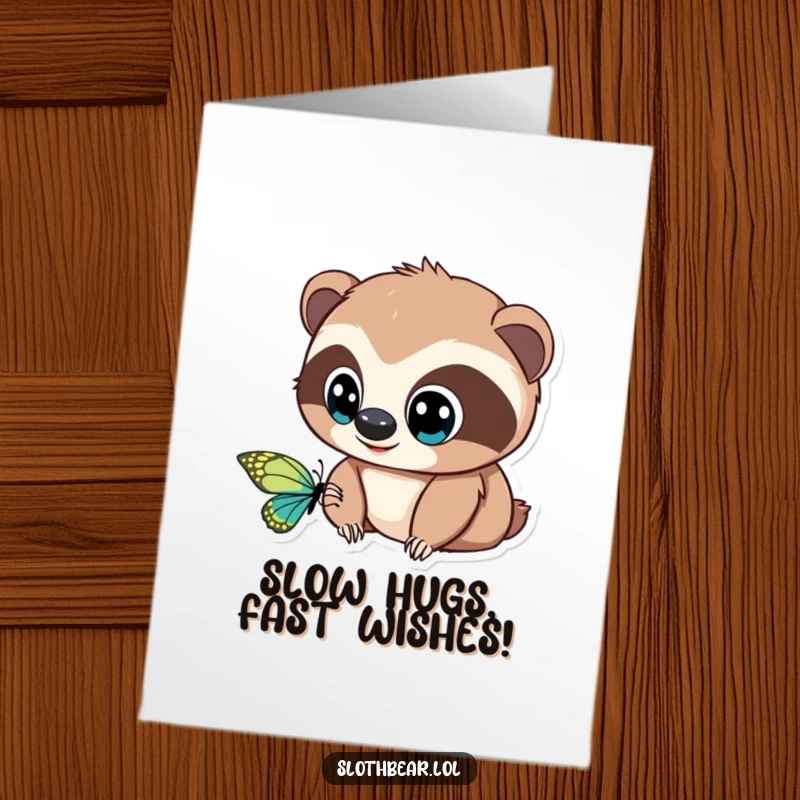 Funny Free Printable Sloth Bear Birthday Card, a cute bear with big eyes admiring a butterfly, perfect for a DIY celebration gift.