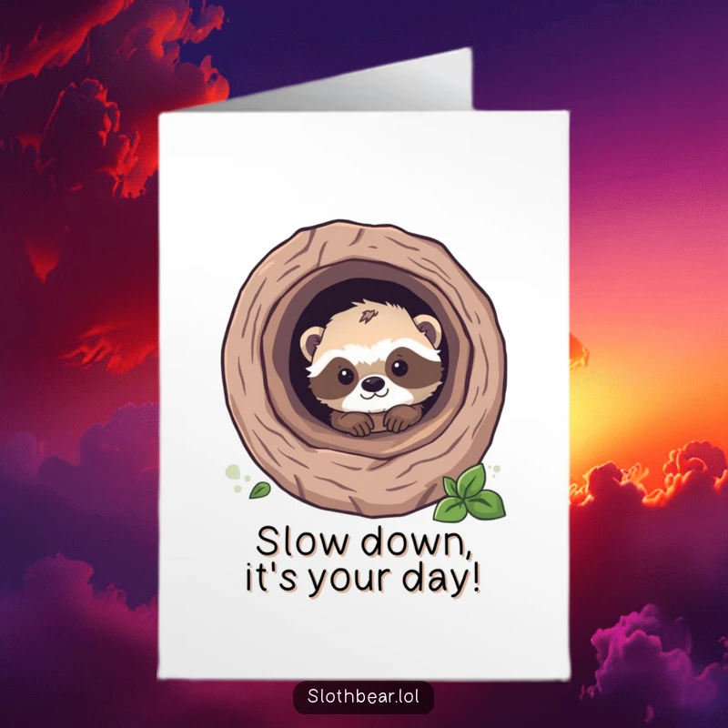 Funny Free Printable Birthday Card featuring a cute sloth bear cub peeking mischievously from a hollow tree log.