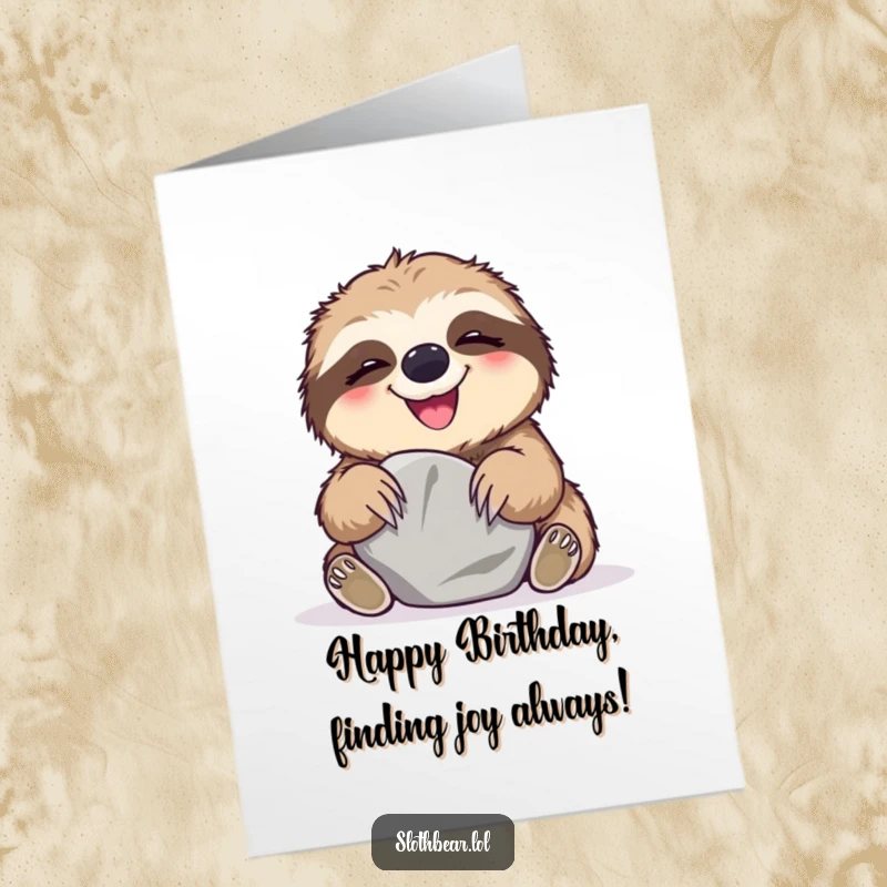 Funny Free Printable Birthday Card showing a sloth bear joyfully giggling while playing with a smooth, round stone, a picture of pure delight.