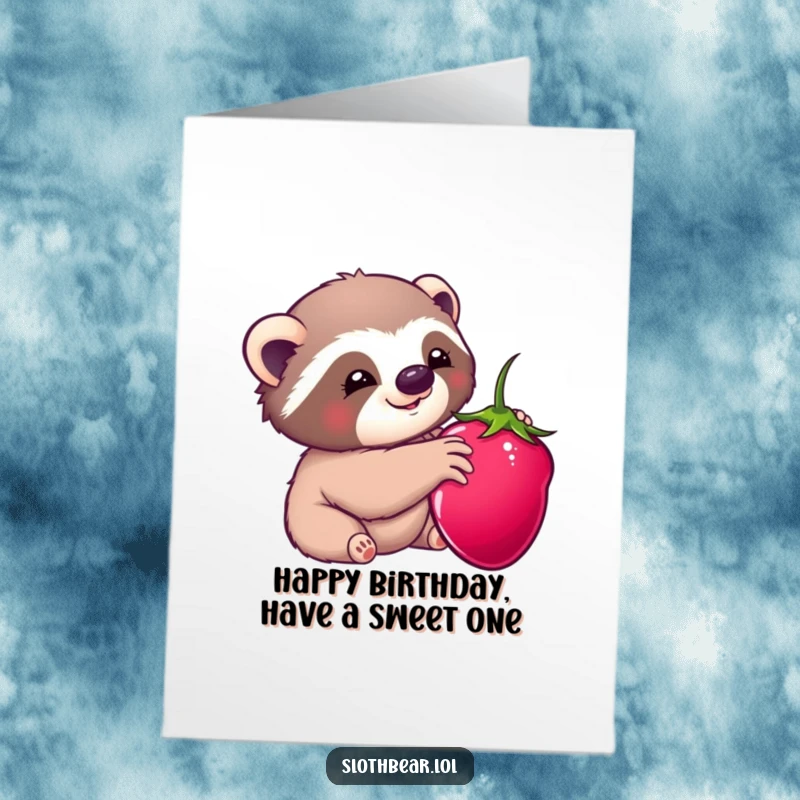 Cute Free Printable Birthday Card featuring a kawaii sloth bear happily reaching for a plump, ripe red berry.