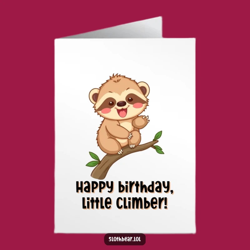 Free Printable Birthday Card: Excited Sloth Bear Cub Climbing Downloadable Gift