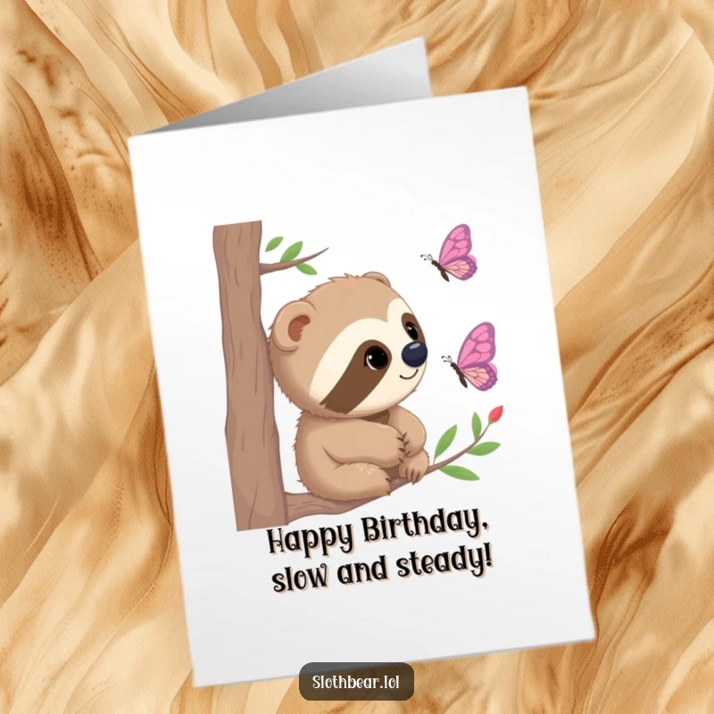 Funny Free Printable Birthday Card showcasing a sloth bear with wide, curious eyes watching a delicate butterfly flutter by, a moment of gentle fascination.
