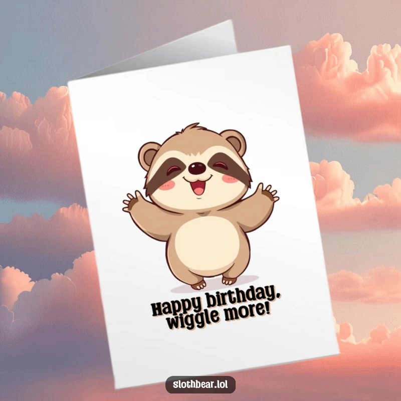 Cute Free Printable Birthday Card showing a kawaii sloth bear doing a happy, slow-motion wiggle dance.