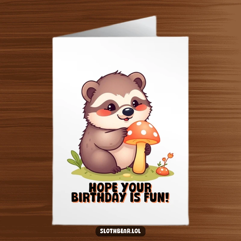 Funny Free Printable Birthday Card: Kawaii sloth bear curiously poking a bright mushroom, embodying birthday exploration and fun.