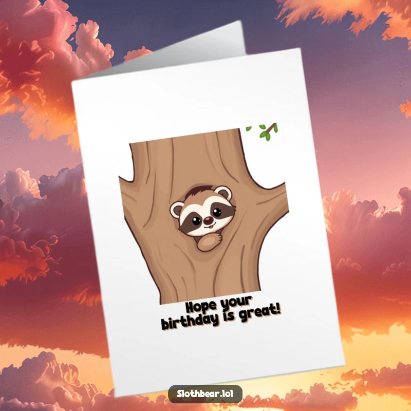 Cute Free Printable Birthday Card featuring a kawaii sloth bear curiously peeking from the side of a large tree.