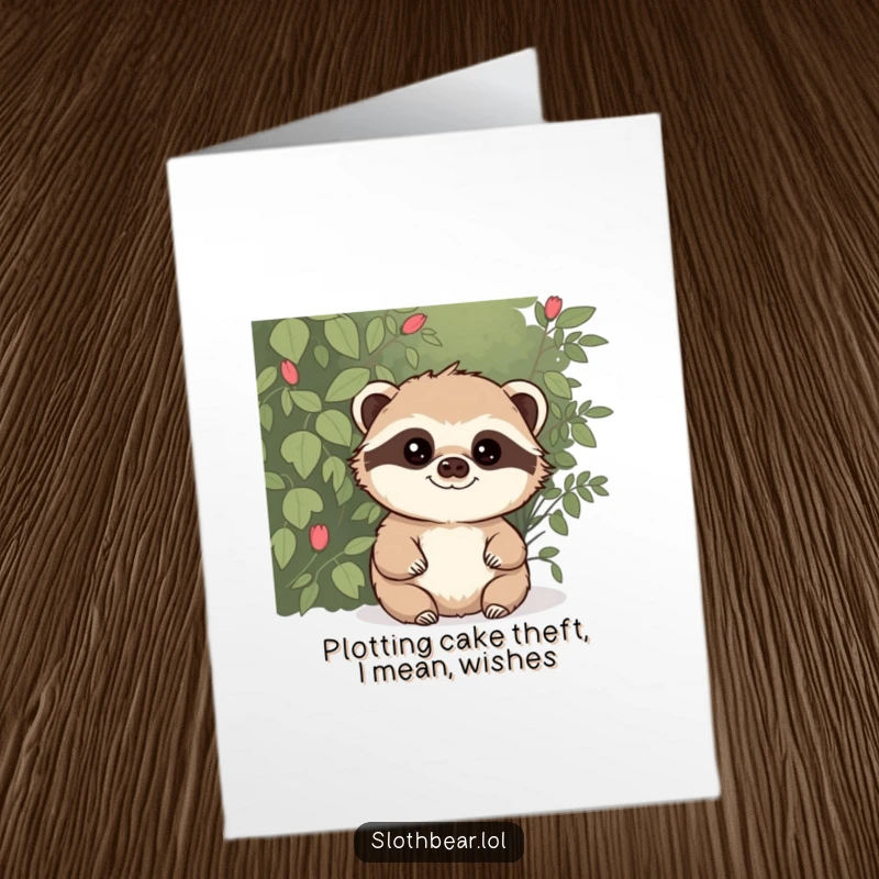 Funny Free Printable Birthday card: Mischievous sloth bear peeking from a bush with a sly grin, ready for birthday fun.