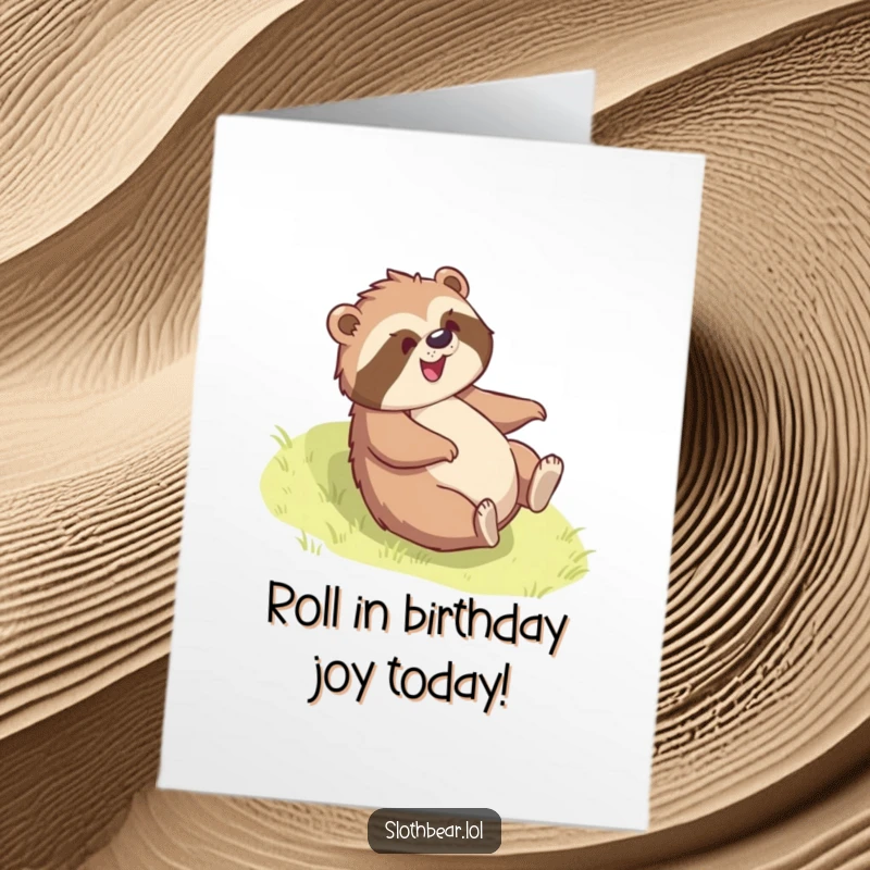 Free Printable Birthday Card: A joyful sloth bear rolls down a grassy slope with an expression of pure glee and abandon.