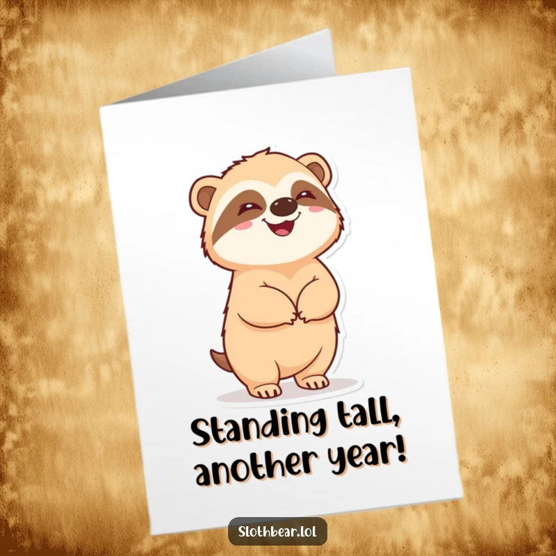 Funny Free Printable Birthday Card: A delighted sloth bear standing happily on its hind legs, beaming with pride.