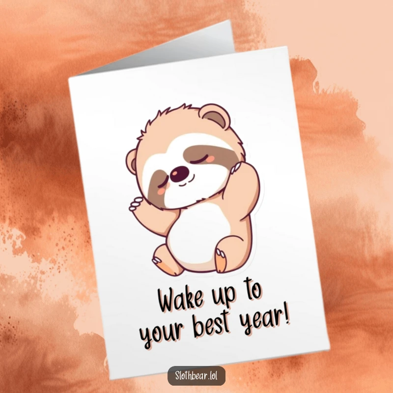 Funny Free Printable Birthday Card: A sloth bear character comically stretching its arms and legs after a long, satisfying nap.