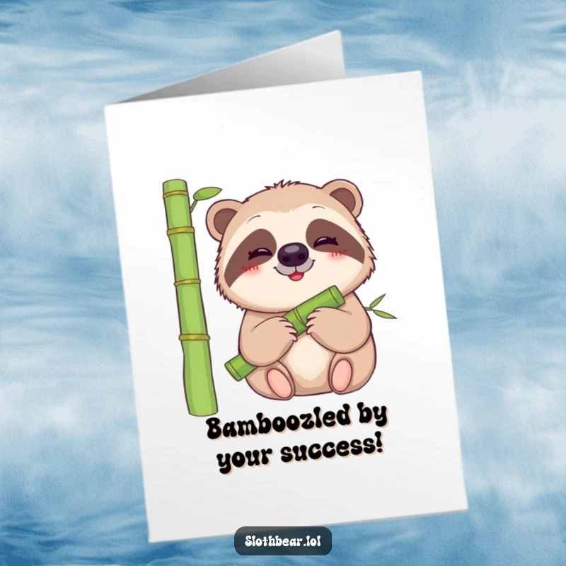 Funny Free Printable Congratulations Card: A smiling sloth bear contentedly munches on a juicy bamboo stalk.