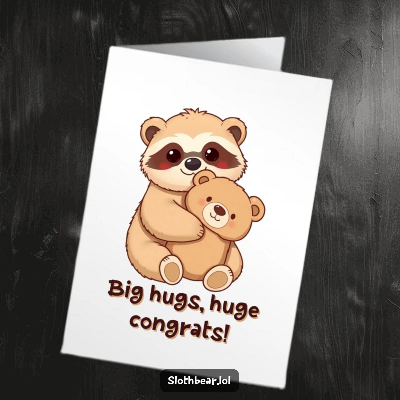 Funny Free Printable Congratulations Card: Kawaii sloth bear character embracing a teddy bear, a symbol of comfort and shared joy.