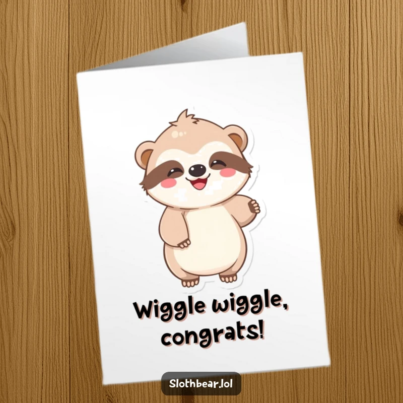 Funny Free Printable Congratulations Card: Kawaii sloth bear character doing a joyful wiggle, a relaxed and humorous way to celebrate.