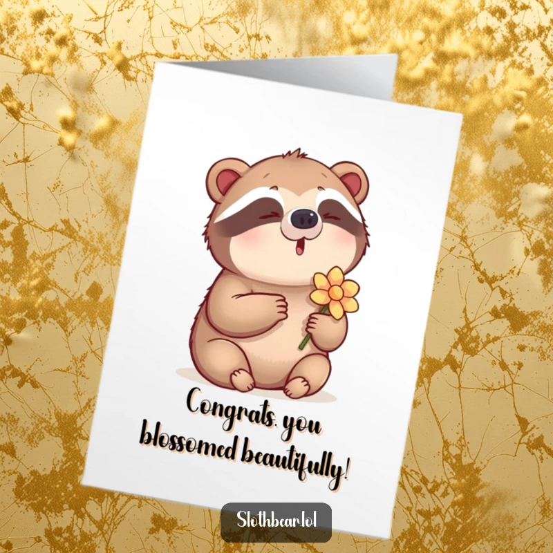 Funny Free Printable Congratulations Card showing a sloth bear softly humming a tune while holding a flower, conveying gentle well wishes.
