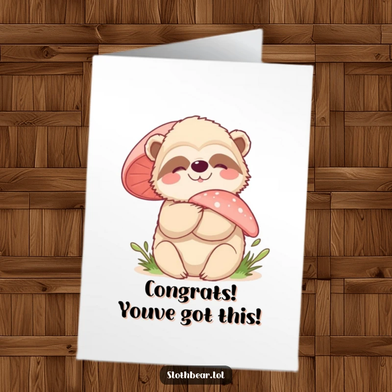 Funny Free Printable Congratulations Card: A happy sloth bear gently embracing a big, fuzzy mushroom, symbolizing cozy success. Print at home!