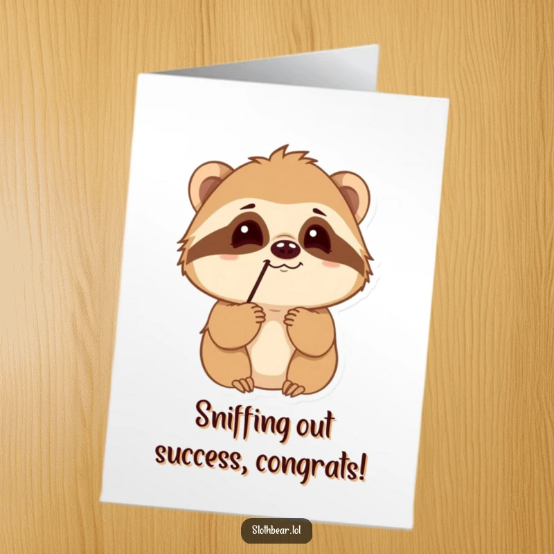 Funny Free Printable Congratulations Card: A sloth bear with a curious expression sniffs the air, intrigued by success or celebration.