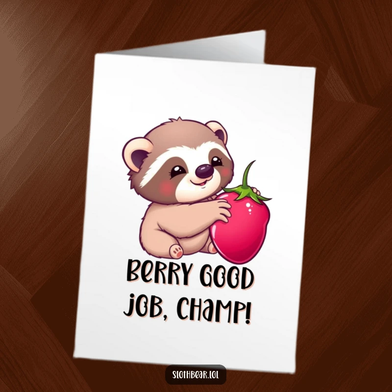 Cute Free Printable Congratulations Card showing a kawaii sloth bear joyfully reaching for a delicious ripe berry.