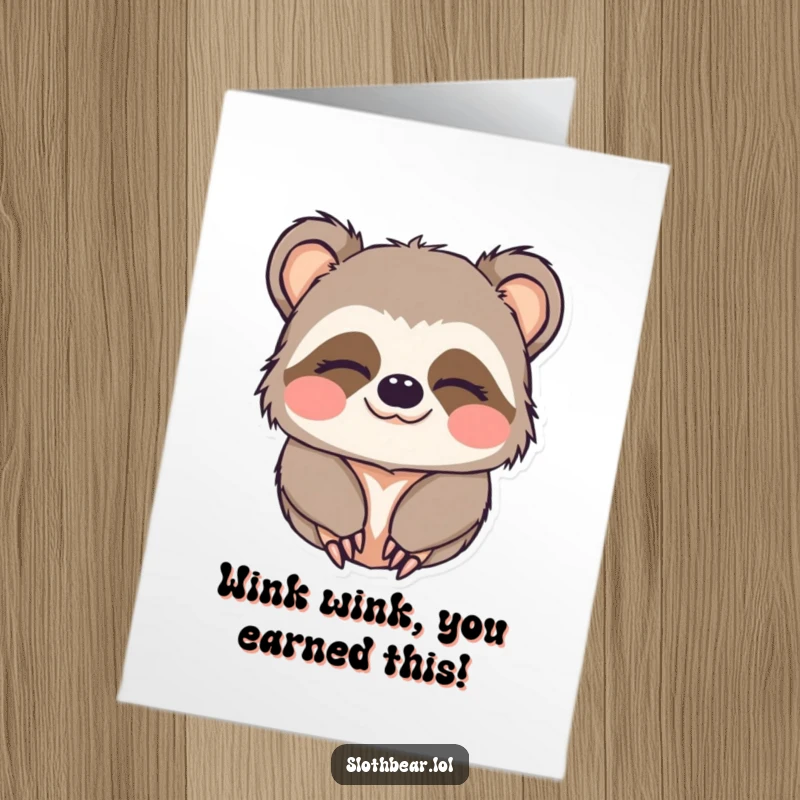 Funny Free Printable Congratulations Card: Kawaii sloth bear winking playfully with sleepy eyes, celebrating a soft achievement.