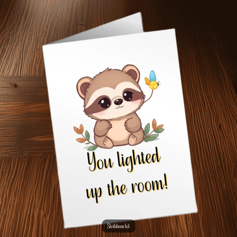 Funny Free Printable Congratulations Card: A curious sloth bear gazes at a blinking firefly, full of wonder.