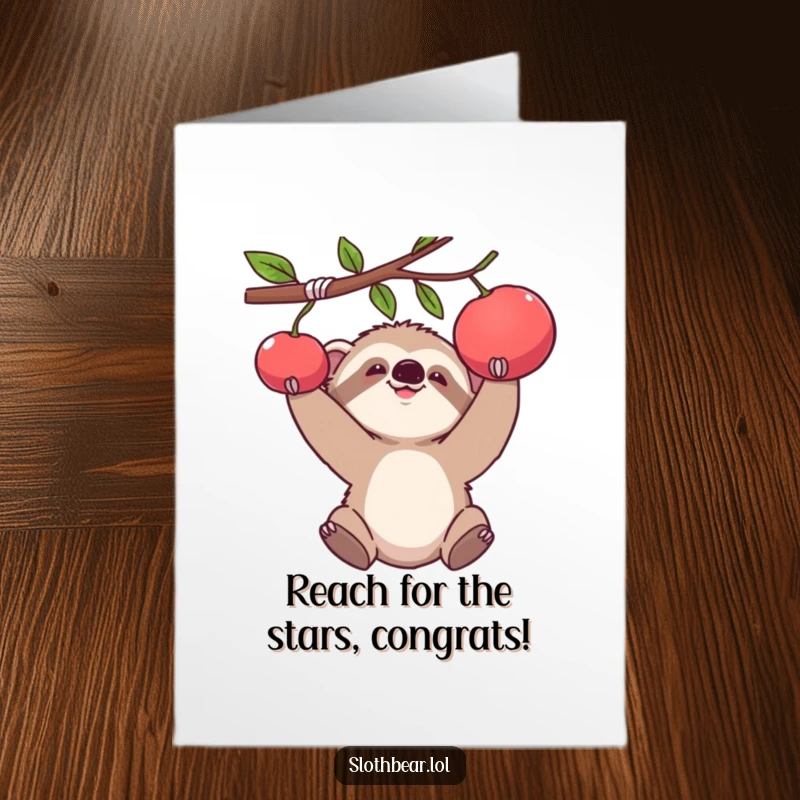 Funny Free Printable Congratulations Card featuring a baby sloth bear comically reaching for a juicy piece of fruit, symbolizing achievement.