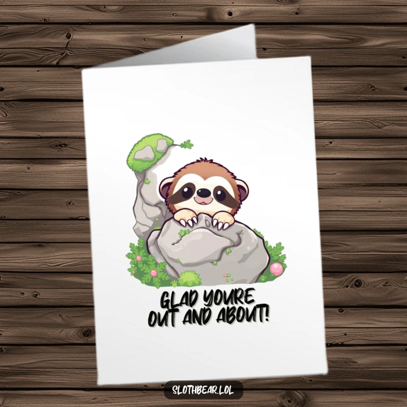 Funny Free Printable Congrats Card: A cheerful sloth bear peeks from behind a large, mossy rock, offering congratulations.