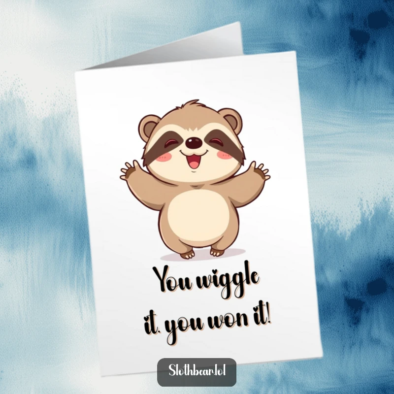 Cute Free Printable Congratulations Card with a kawaii sloth bear performing a joyous, slow-motion wiggle.