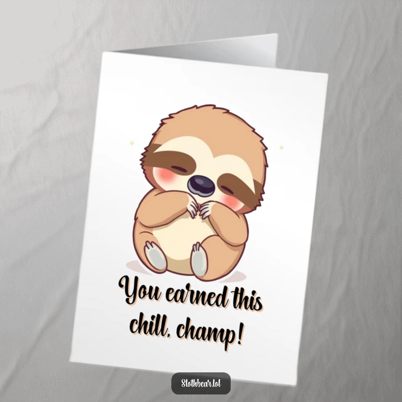 Funny Free Printable Congratulations card: Joyful sloth bear scratching its belly, celebrating success with a big grin, perfect for any win.