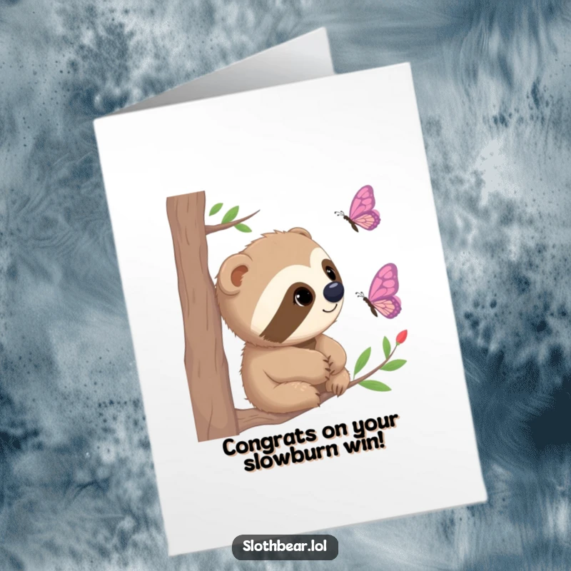Funny Free Printable Congratulations Card featuring a sloth bear gazing with curiosity at a butterfly, a symbol of delicate new beginnings.