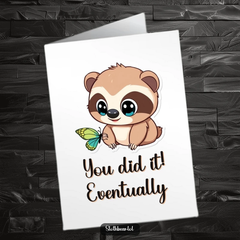 Funny Free Printable Sloth Bear Congratulations Card, a curious bear with wide eyes watching a butterfly, ideal for a DIY gift.