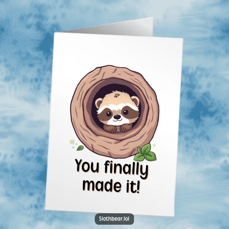 Funny Free Printable Congratulations Card showing a curious sloth bear cub peeking out from a log, ready to celebrate.