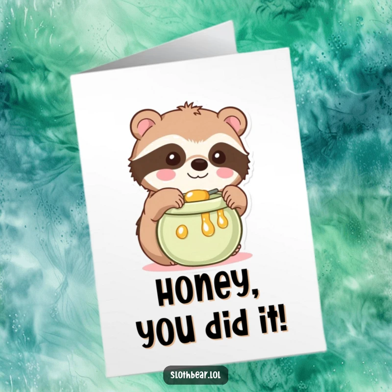 Funny free printable congratulations card showing a kawaii sloth bear reaching for a honey pot, symbolizing sweet success.