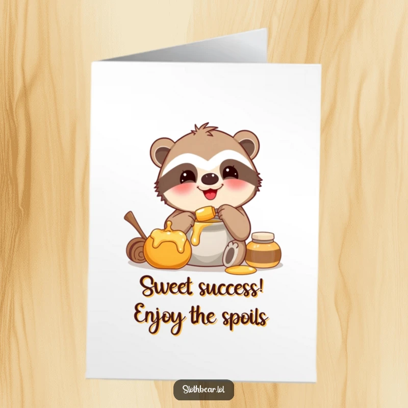 Funny Free Printable Congrats Card: A happy sloth bear contentedly munches from a honey pot, celebrating their achievement.