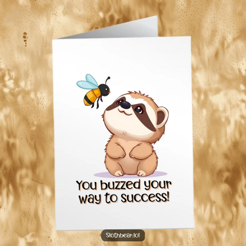 Funny Free Printable Congrats Card: Curious sloth bear looking up at a bee, amazed by nature's wonders.