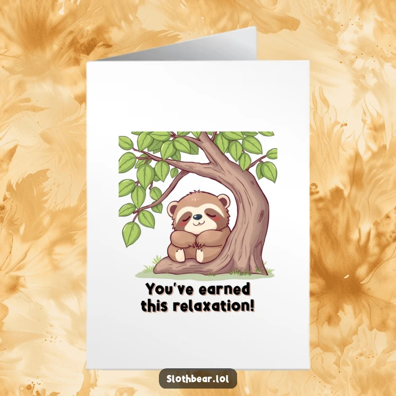 Funny Free Printable Congrats Card: Happy sloth bear enjoying a gentle nap under a lush tree, conveying peaceful congratulations.
